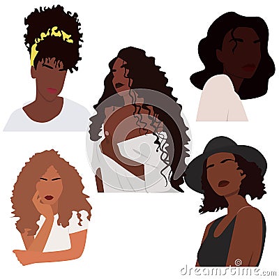 Set of abstract black women characters. Contemporary portraits. African american faceless female portrait. Vector Illustration